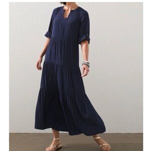 Chico's Navy Tiered Maxi Dress with Roll-Tab Sleeves sea island sz 4 -20/22